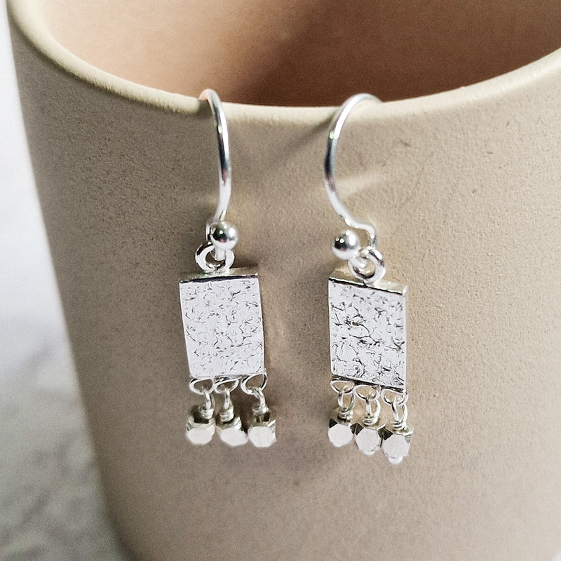 Rectangle Drop Silver Bead Earrings