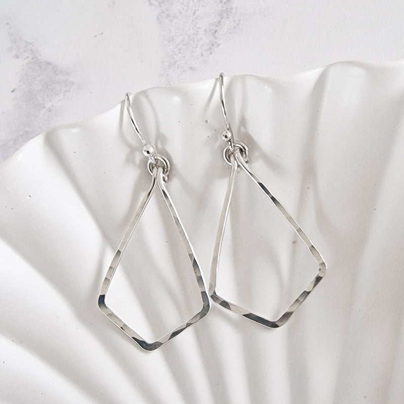 Sale Silver Diamond Shape Hammered Drop Earrings