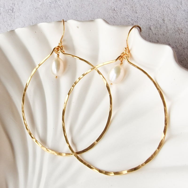 Large Gold Vermeil & Pearl Hammered Circle Drop Earrings