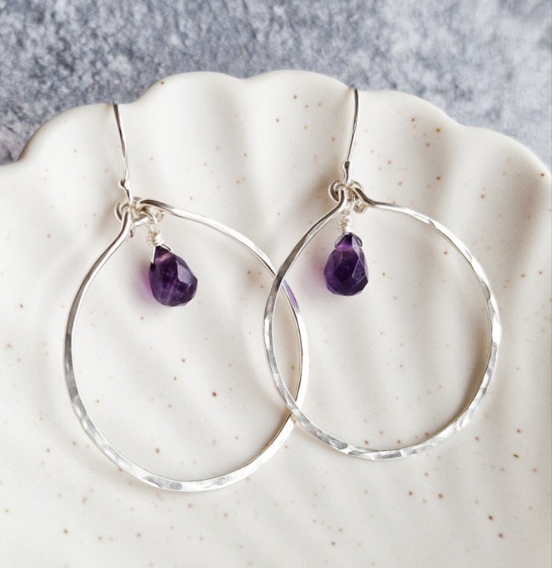 Silver & Gemstone Hammered Circle Drop Earrings