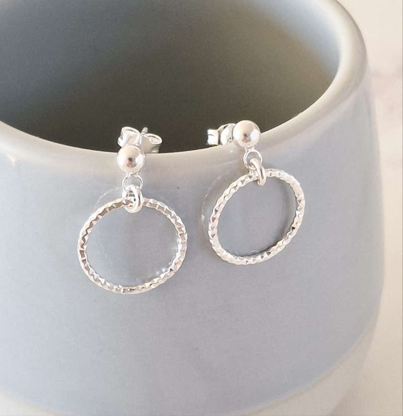 Silver Faceted Circle Stud Drop Earrings