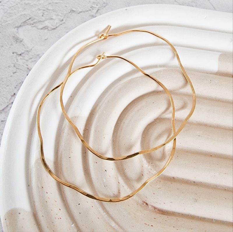 Gold Hammered Wave Hoop Earrings