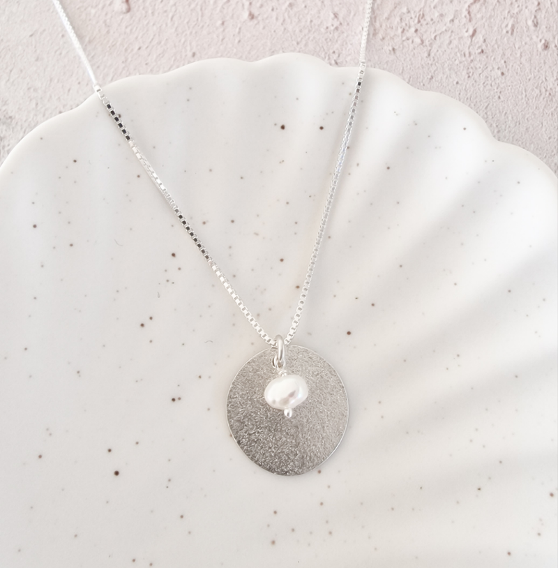 Sale Silver Disc and Pearl Pendant