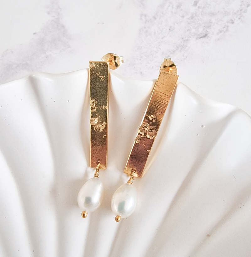 Sale Gold Vermeil & Pearl Bar Drop Earrings